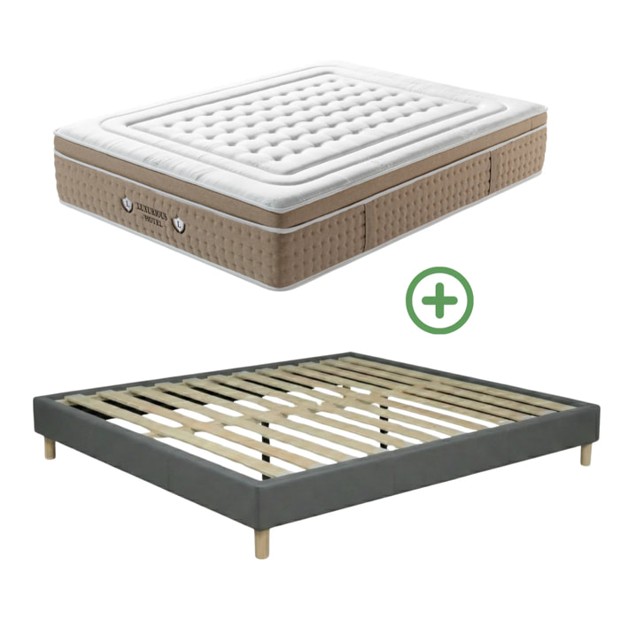 Ensemble matelas Bali & sommier Cancun | Mémoire de forme et ressorts ensachés | Cadre à lattes | Simili cuir | Gris