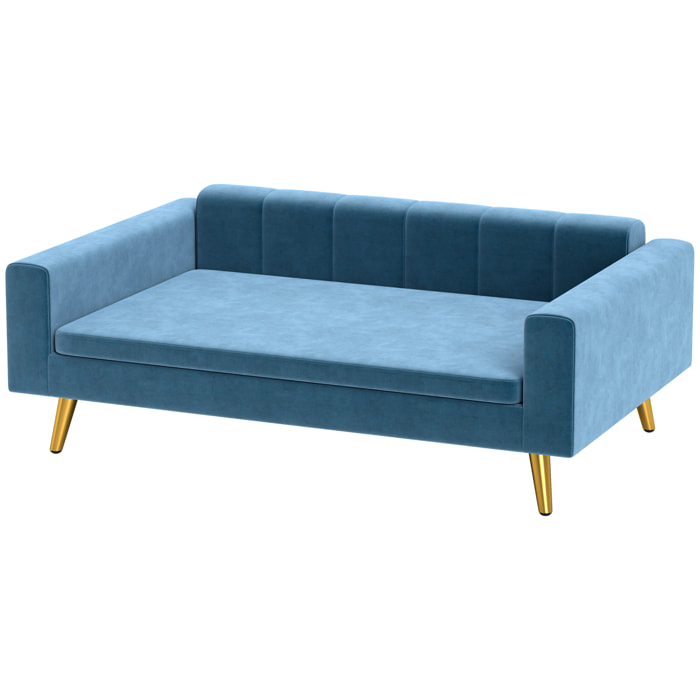 Canapé chien style art déco - dim. 94L x 59l x 31H cm - coussin amovible déhoussable - acier doré velours bleu