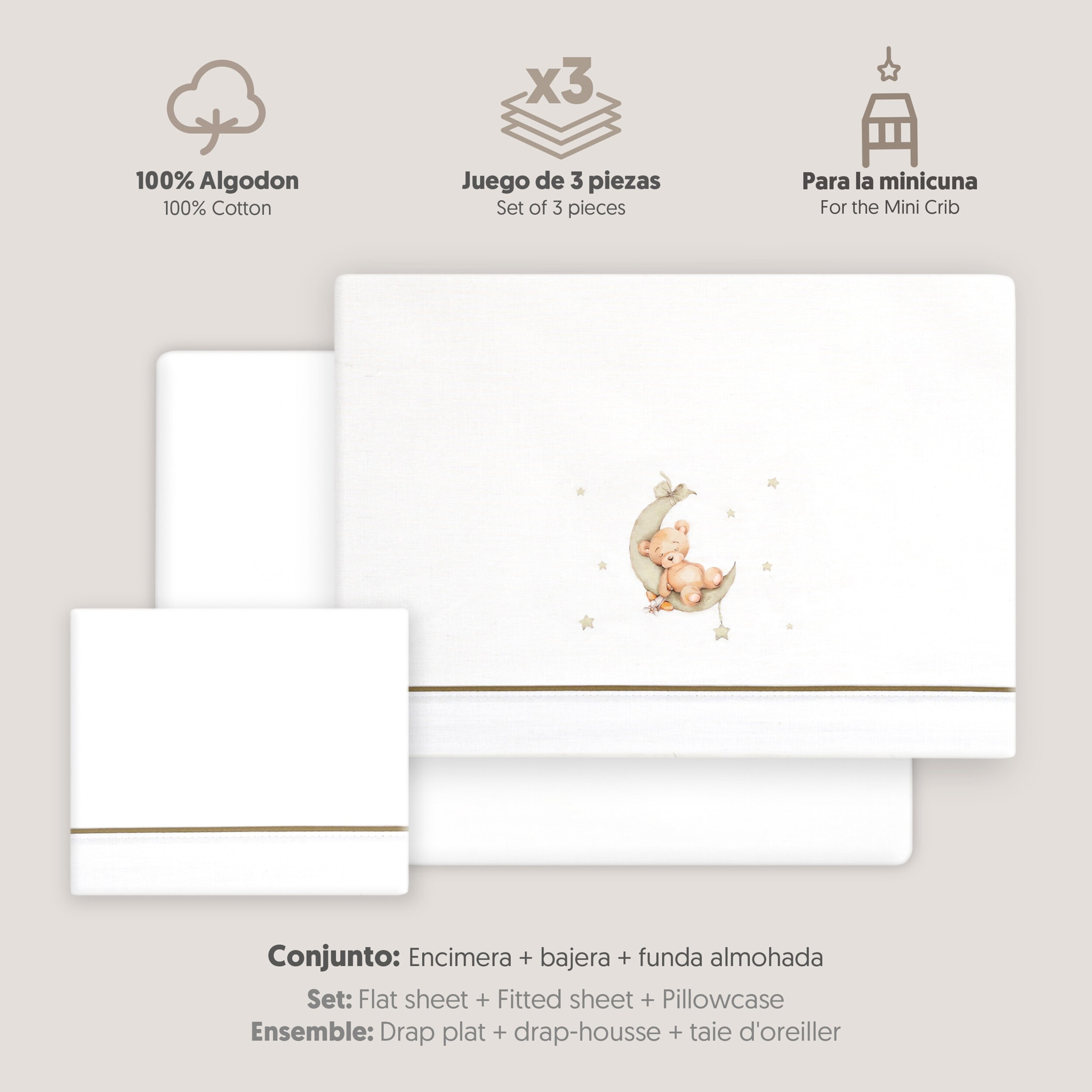 Triptico Minicuna Estampado Oso Luna Estrellas Bco/Verde