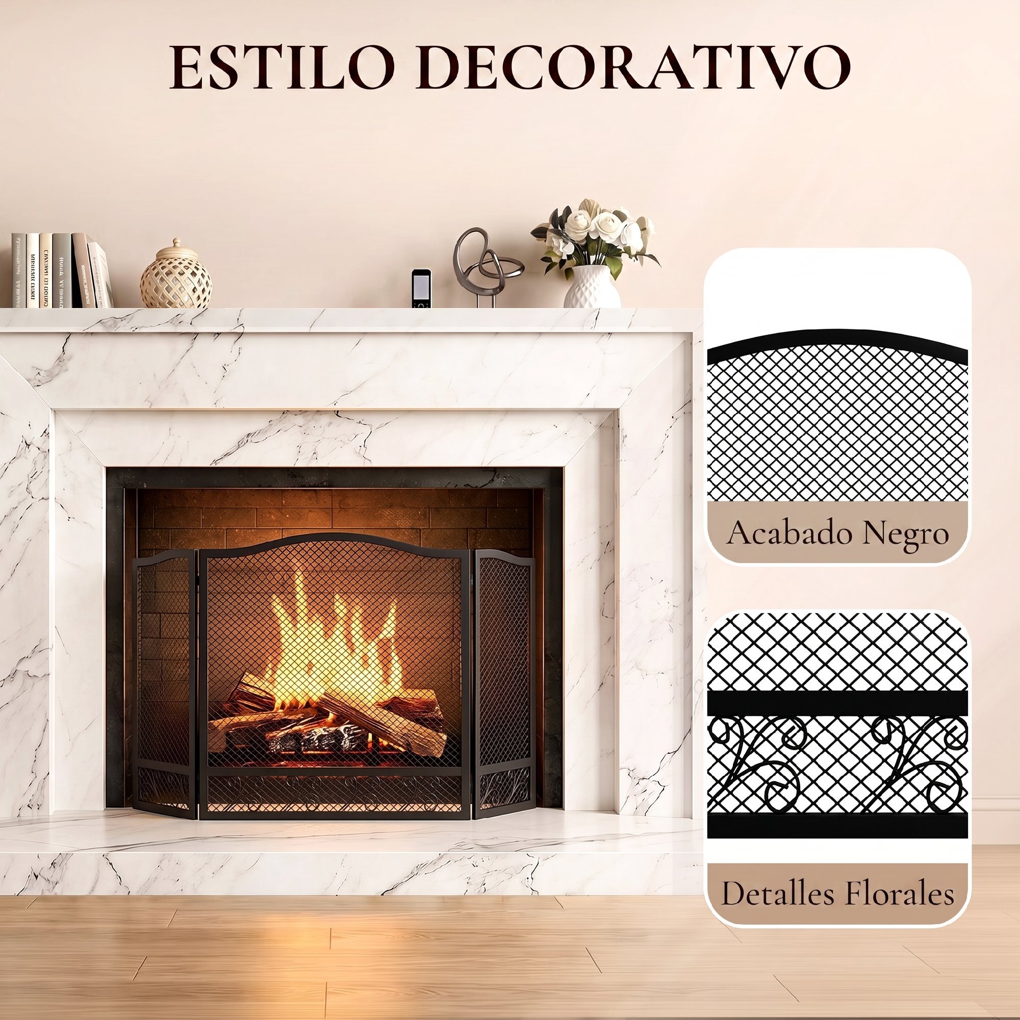 Salvachispas para Chimenea Plegable de 3 Paneles con Diseño Floral, Protector de Chimenea de Metal, Resistente al Calor, para Hogar, 107x60 cm, Negro