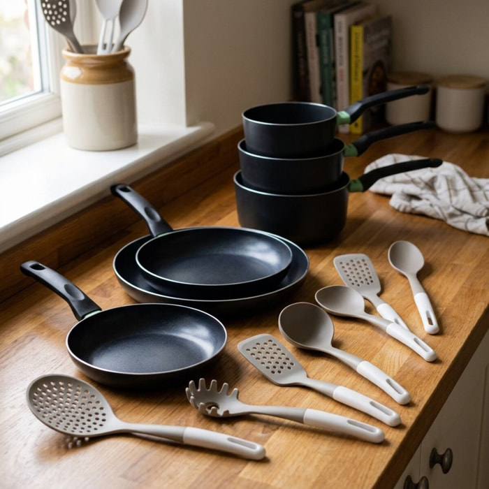 Lot de 3 Poêles et Casseroles Fackelmann Brandao avec 5 ustensiles Vario