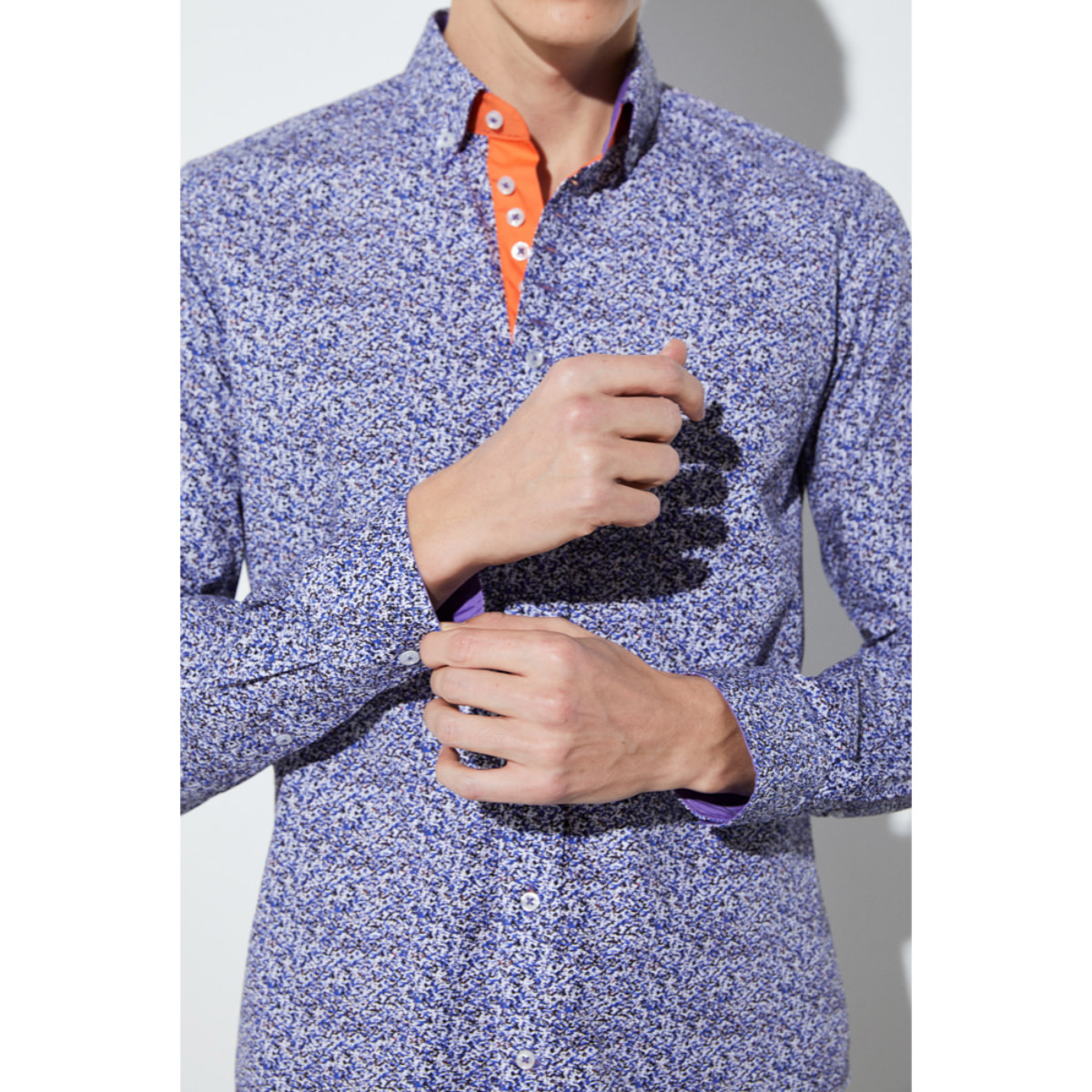 Camicia Uomo 1 Bottoni Button Down Slim Popeline Stampato Bianco/Bluette