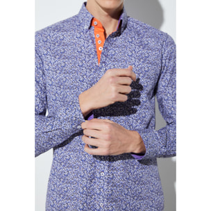 Camicia Uomo 1 Bottoni Button Down Slim Popeline Stampato Bianco/Bluette