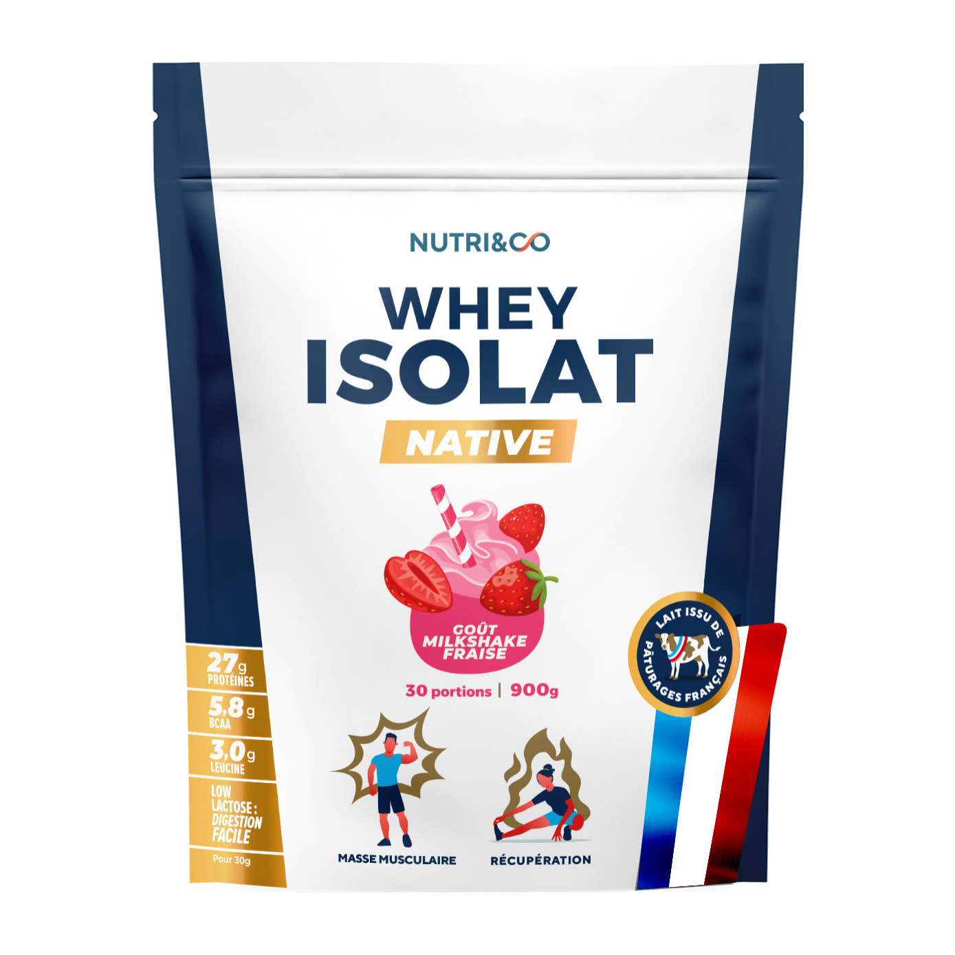 Nutri&Co Protéines Whey Isolat Native en poudre - 900gr Goût Milkshake Fraise
