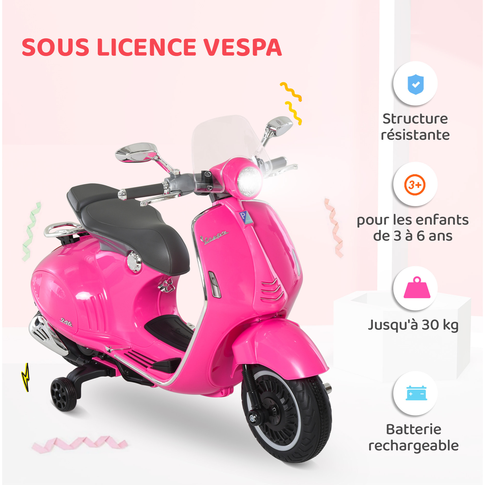 Scooter moto électrique enfant Vespa 6V 30W 2 roulettes auxiliaires effets sonores lumineux rose