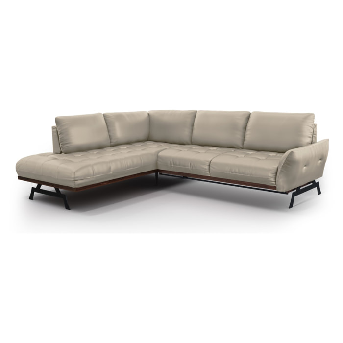 Canapé d'angle gauche convertible "Olivier" 5 places en cuir véritable gris clair