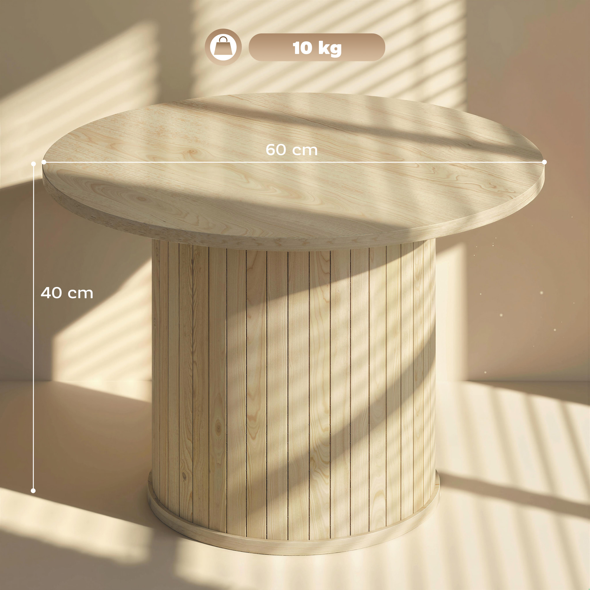 Mesa de Centro, Mesa baja para Salón Redonda con Base de Columna con Listones, para Sala de Estar, Dormitorio, Ø60x40 cm, Natural