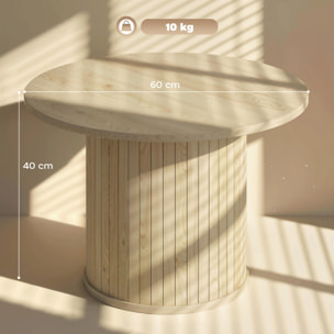 Mesa de Centro, Mesa baja para Salón Redonda con Base de Columna con Listones, para Sala de Estar, Dormitorio, Ø60x40 cm, Natural