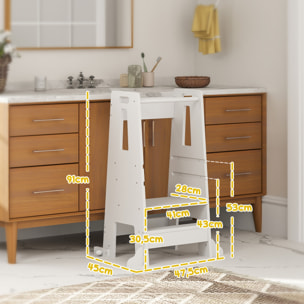 Torre de Aprendizaje Taburete de Aprendizaje para Niños de +3 Años con Pedal Altura Ajustable en 3 Niveles y Barrera de Seguridad para Baño Cocina 45x47,5x91 cm Blanco
