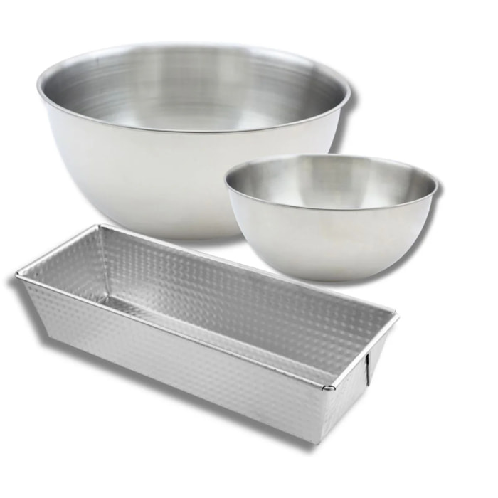 Set de pâtisserie avec 1 Moule Cake 30cm, 1 spatule Zenker et 2 bols à mixer en inox Fackelmann