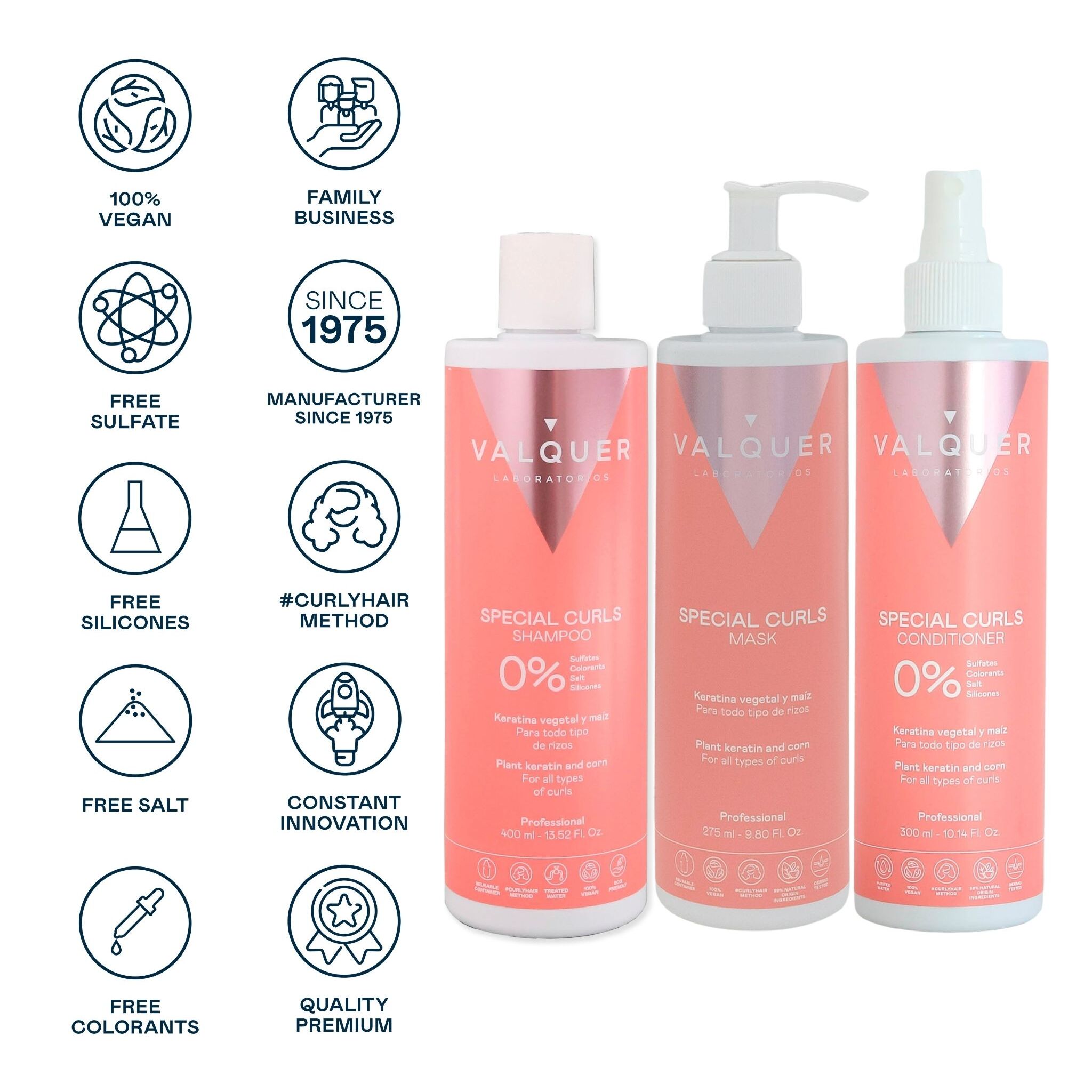 Valquer Pack curly Champú, mascarilla y acondicionador para cabellos rizados - 400 ml + 290 ml + 300 ml