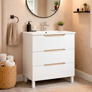 Mobile Bagno A Terra Con 3 Cassettoni Soft Close E Lavabo In Ceramica Incluso Mobiletto Design Moderno Salvaspazio 80 x 45 x 86 Cm Colore Bianco