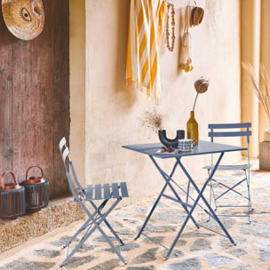Table de jardin bistrot pliante métal + 2 assises bleu grisé 70 x 70cm. acier thermolaqué
