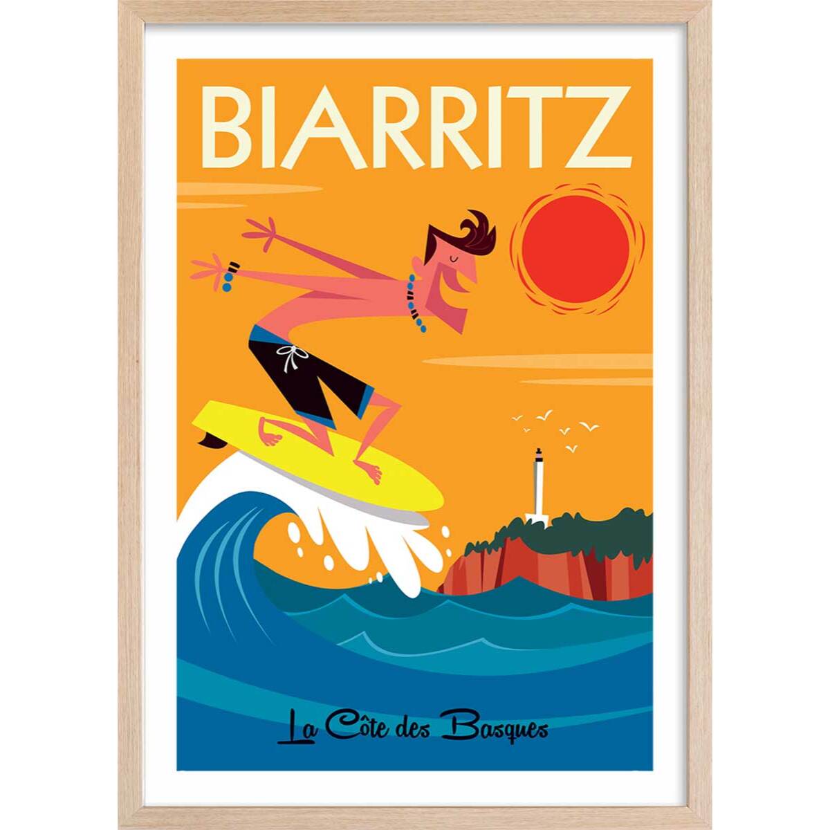 Affiche Surf à Biarritz Affiche + cadre en bois - Chêne