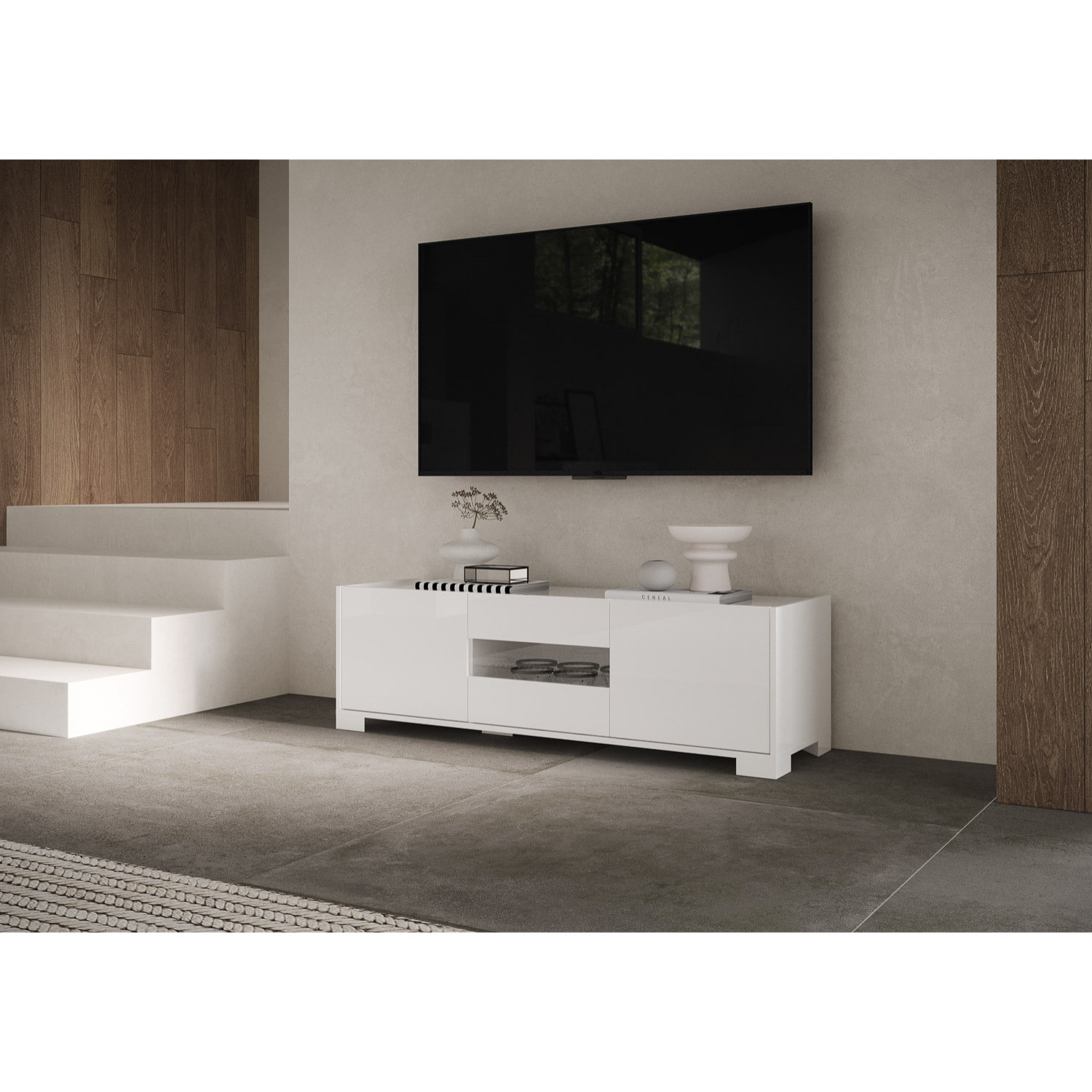 Meuble de TV 3 puertas 130x40x40 cm Riflesso blanco brillante