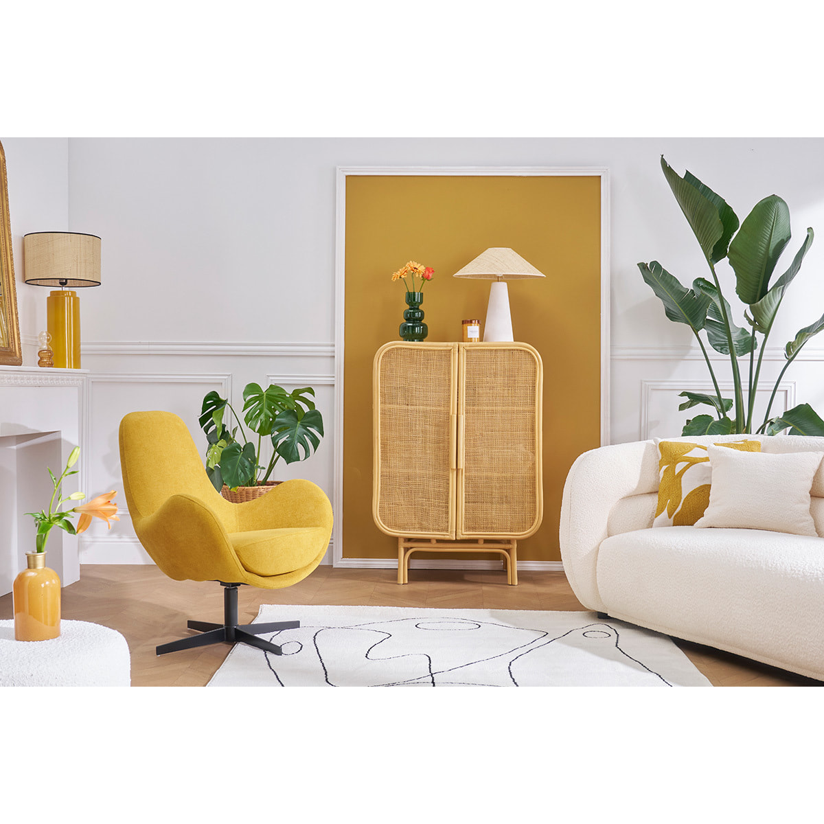Fauteuil pivotant design en tissu effet velours jaune moutarde et métal noir ANDY