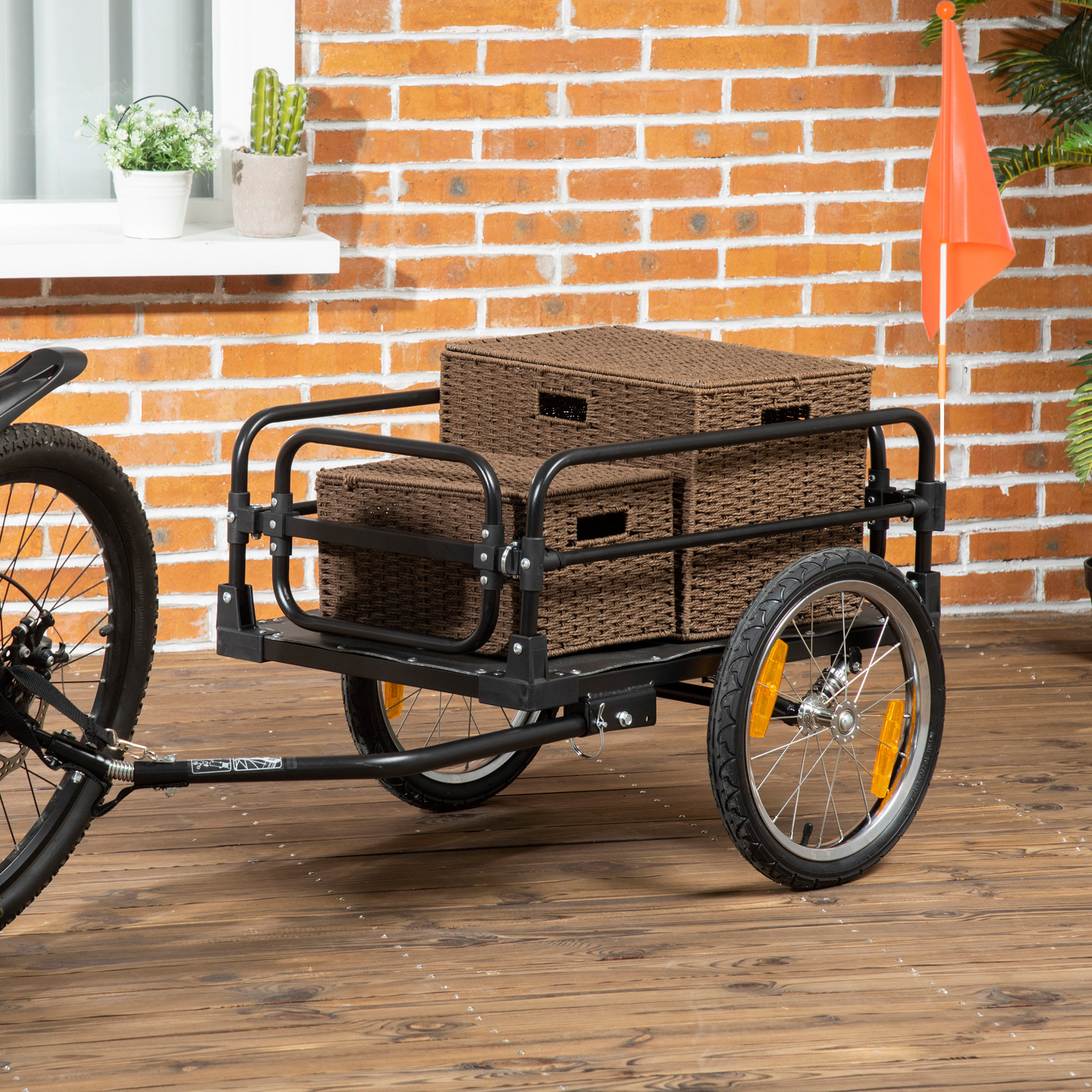 Remolque de Carga para Bicicleta Carro para Bicicleta Desmontable con 2 Ruedas Reflectores y Bandera Marco con Amortiguador Capacidad de 70L Carga 40 kg 125x64x53,5 cm Negro