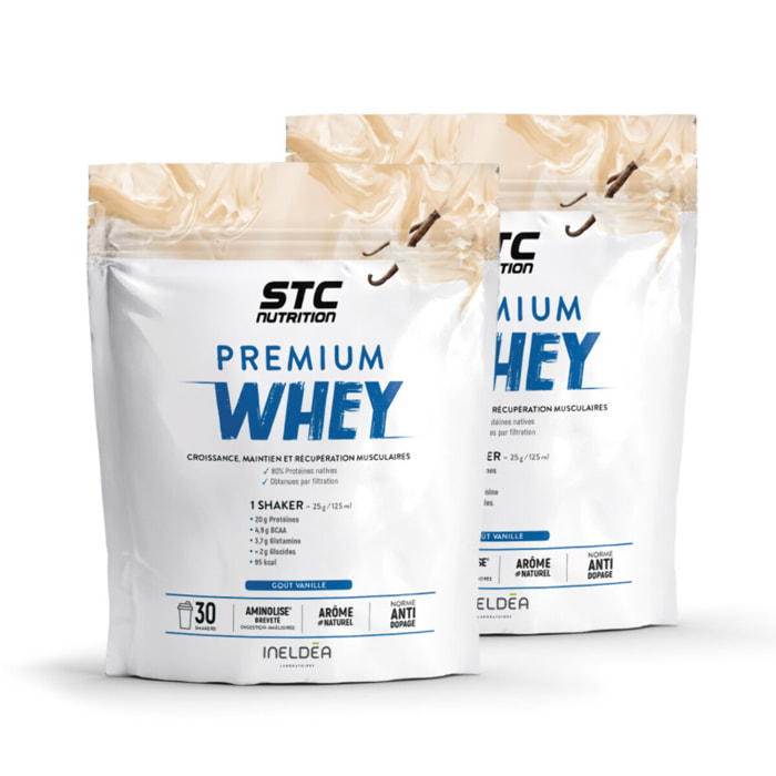 STC NUTRITION - Premium Whey - 80% de protéines natives de lactosérum - Croissance, maintien et réparation musculaires - Digestion facile - Doypack 750g - Vanille - Lot de 2