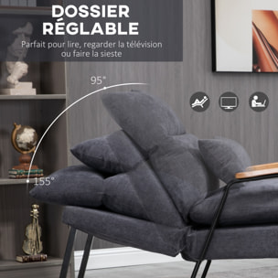 Fauteuil lounge style néo-rétro avec repose-pied - dossier inclinable - structure acier noir accoudoirs bois hévéa revêtement velours cotelé gris