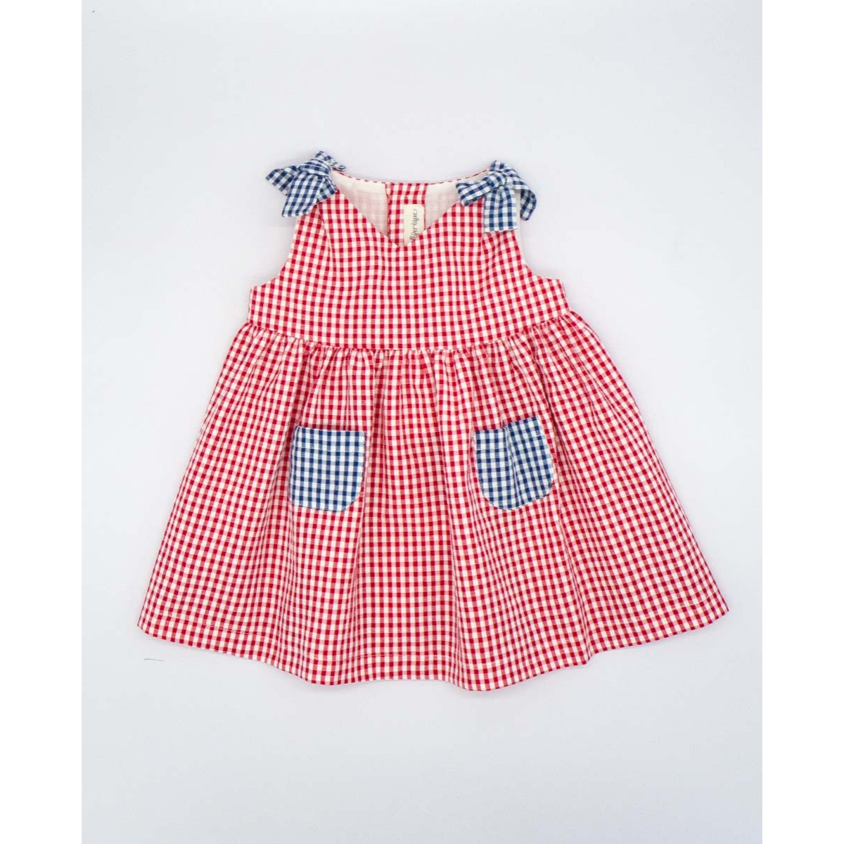 VESTIDO VICHY ROJO CON LAZOS Y BOLSILLOS VICHY AZUL