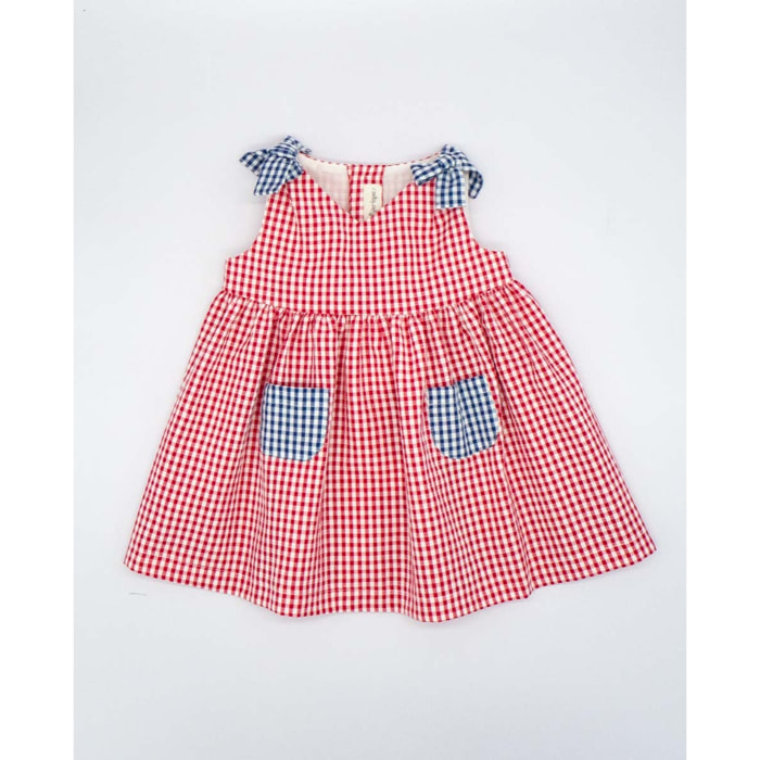 VESTIDO VICHY ROJO CON LAZOS Y BOLSILLOS VICHY AZUL