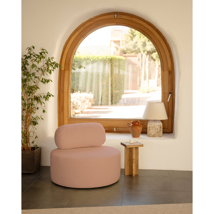 Sillón de bouclé redonda color rosa de 91x71cm Alto: 71 Largo: 91 Ancho: 91