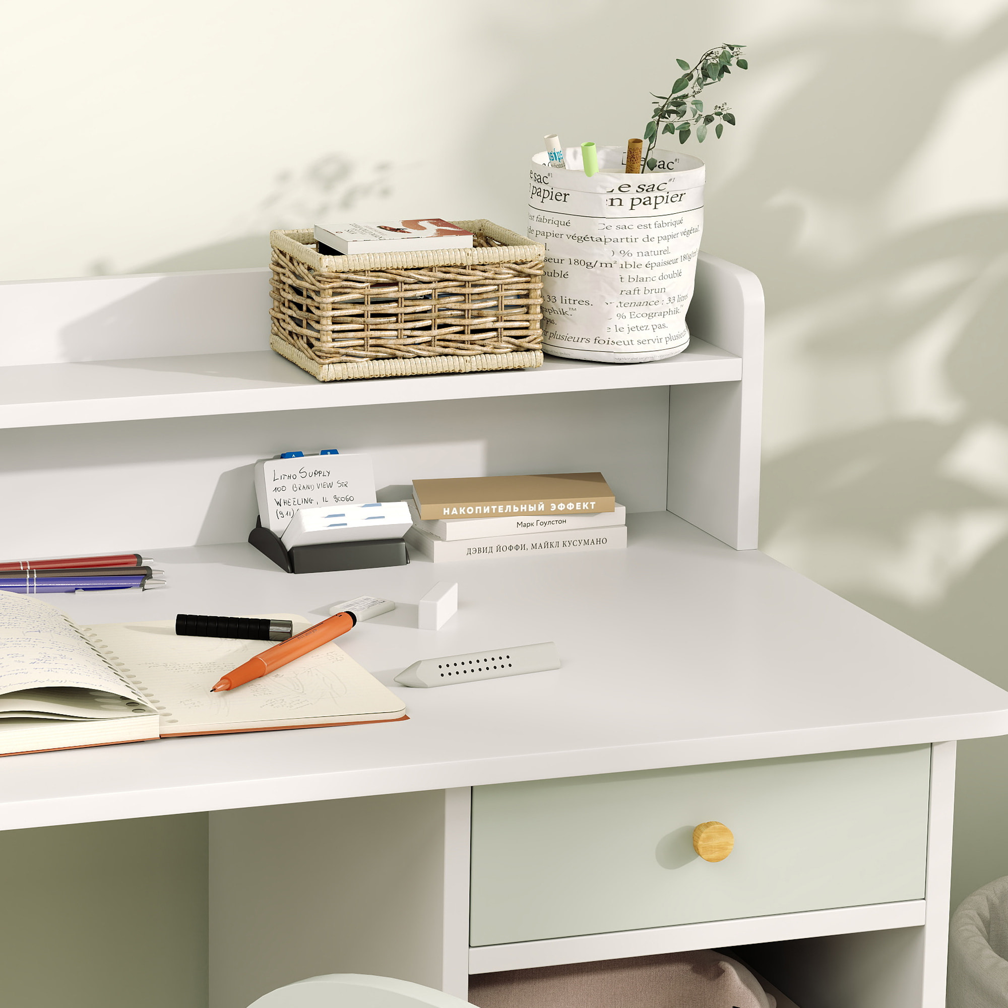 Juego de Escritorio y Silla para Niños de +3 Años Pupitre Infantil con Cajones Compartimento y Estantes para Dormitorio Sala Estudio Verde y Blanco