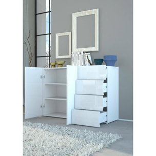 Credenza ondulata, Madia di design a 2 ante e 4 cassetti, Made in Italy, Mobile Porta TV, Buffet da soggiorno, cm 124x40h81, colore Bianco lucido