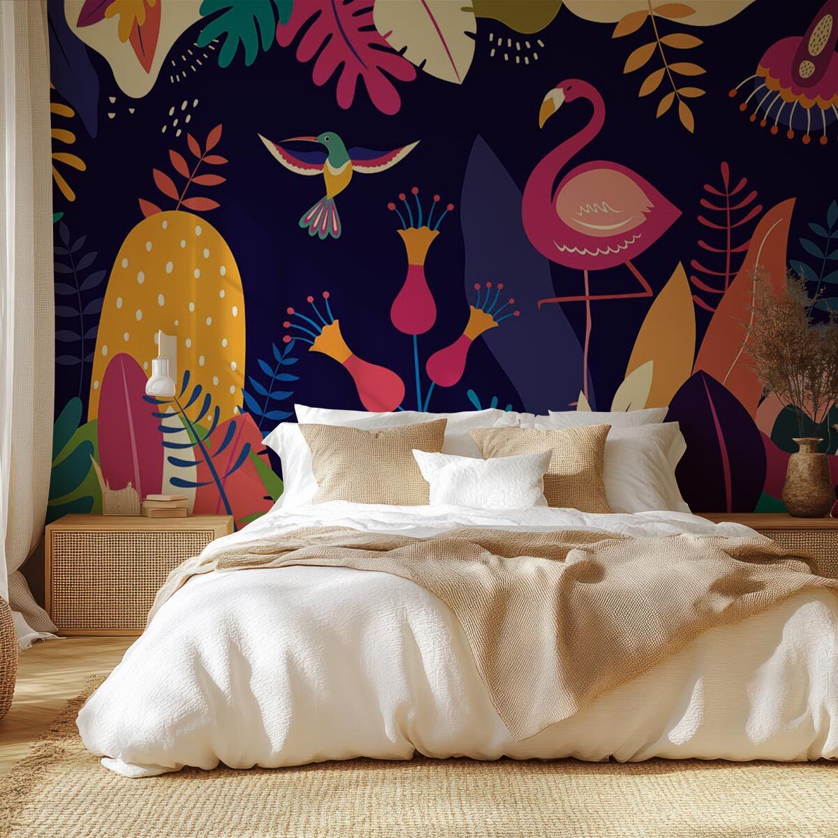 Papier peint tropical coloré flamant rose et jungle Intissé