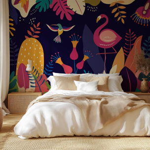 Papier peint tropical coloré flamant rose et jungle Intissé