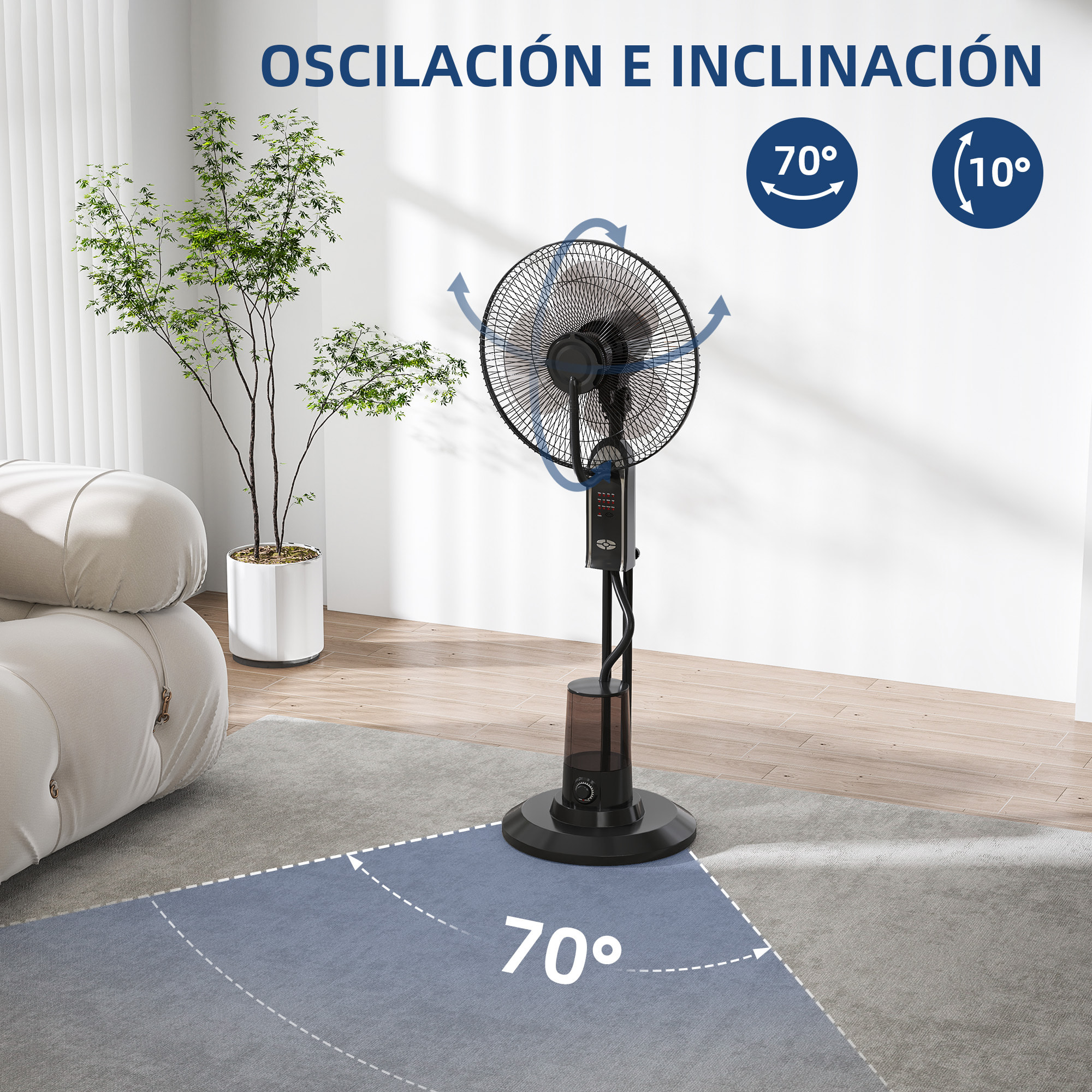 Ventilador Nebulizador Ventilador de Pie con Agua Oscilante 75 W Temporizador Tanque 3,2L Mando a Distancia 3 Velocidades 3 Aspas y Pantalla LED Ø44,5 cm Negro
