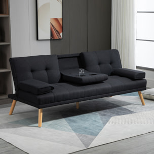 Canapé convertible 3 places design scandinave inclinaison dossier réglable 3 niveaux dossier centrale rabattable 2 porte-verres bois peuplier polyester anthracite