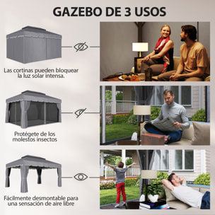 de Jardín 4x3 m, Pabellón de Jardín Gazebo con Doble Techo, 4 Cortinas y Mosquitera, Marco de Aluminio, Orificios de Drenaje, UPF50+, Carpa para Exterior, Terraza, Patio, Gris Oscuro