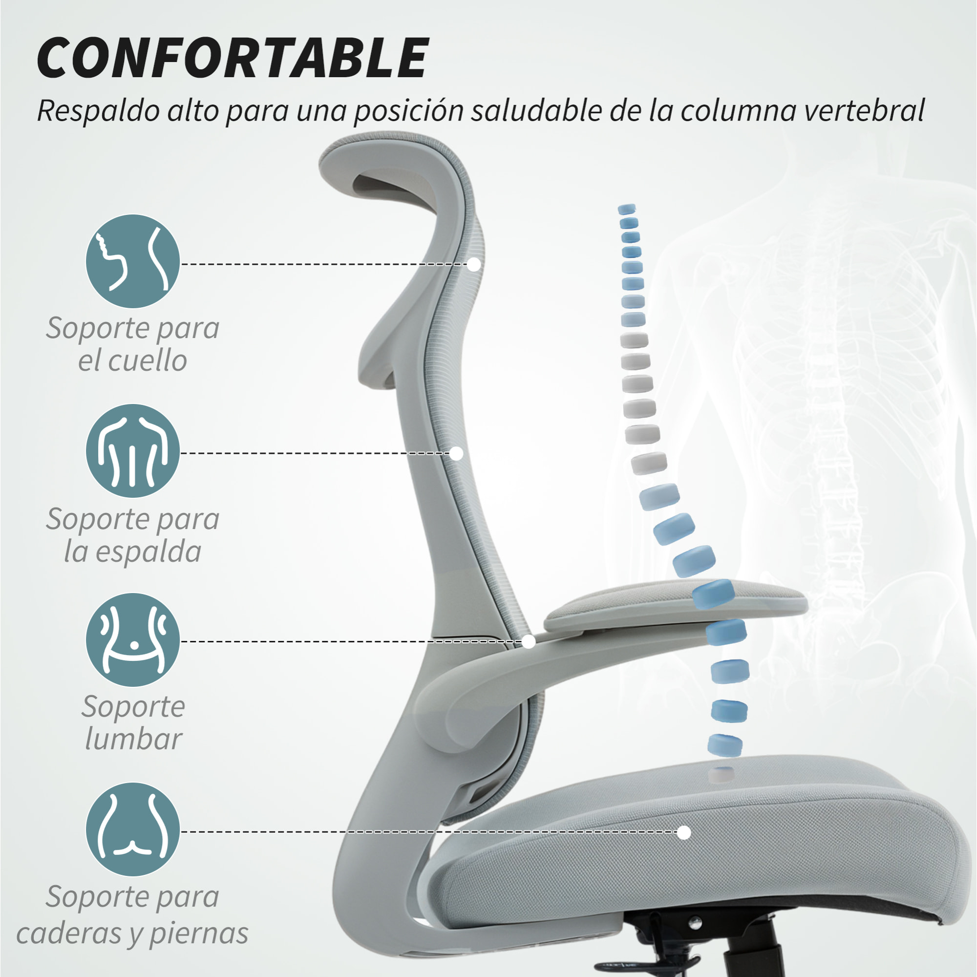 Silla de Oficina Ergonómica Giratoria, con Soporte Lumbar y Reposabrazos 3D Abatibles, Silla de Escritorio de Malla con Reposacabezas Integrado, Función Basculante, Altura Ajustable, Gris