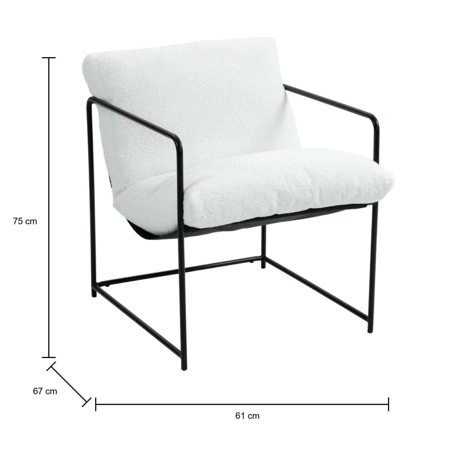 Poltrona Dabdelat, Poltrona rivestita in tessuto bouclé, Sedia imbottita, Seduta con braccioli in metallo, 61x67h75 cm, Bianco