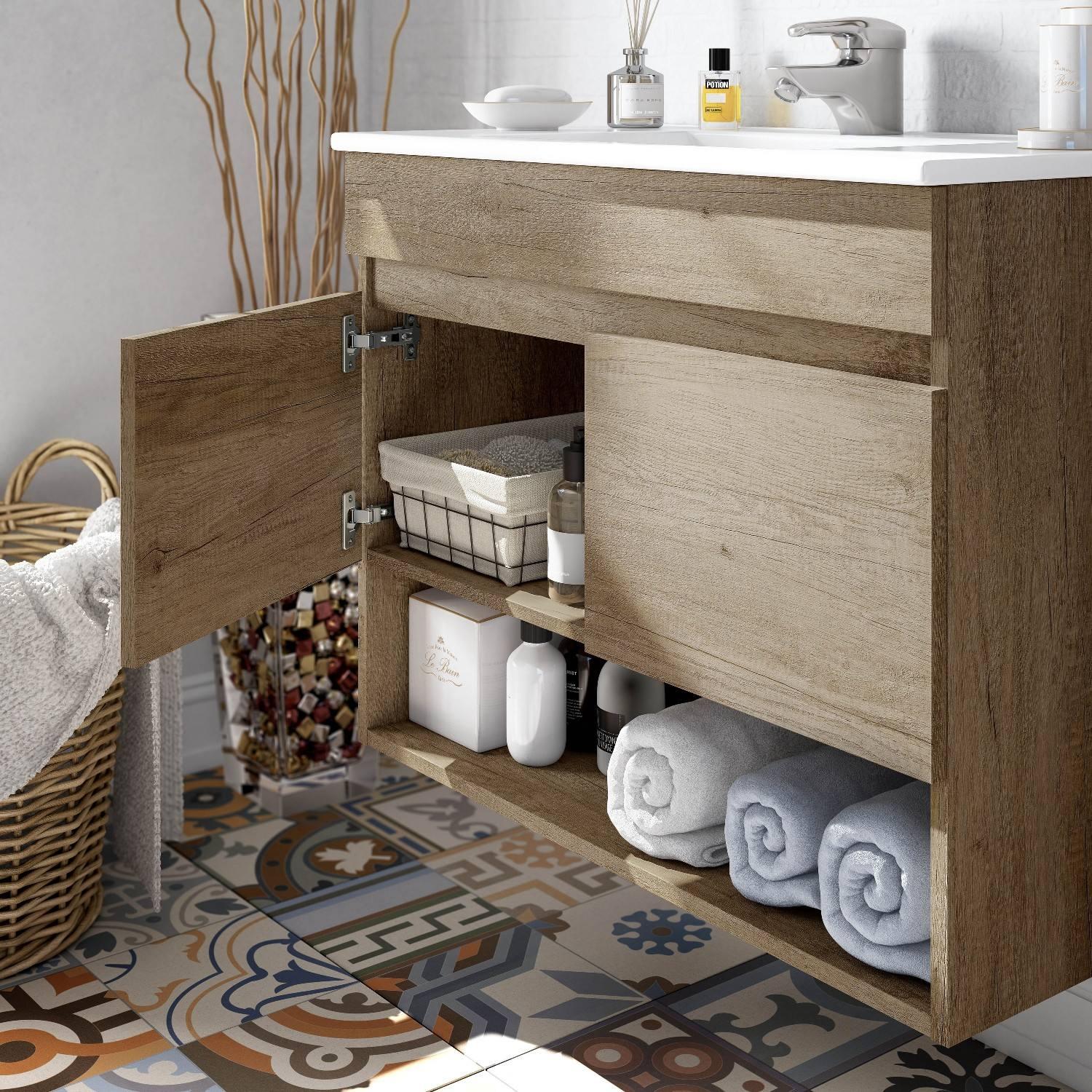 Mobile sottolavabo Shreveport, Mobiletto per bagno a 2 ante, Armadietto sospeso con ripiano e specchio, lavabo non incluso, cm 80x45h64, Quercia