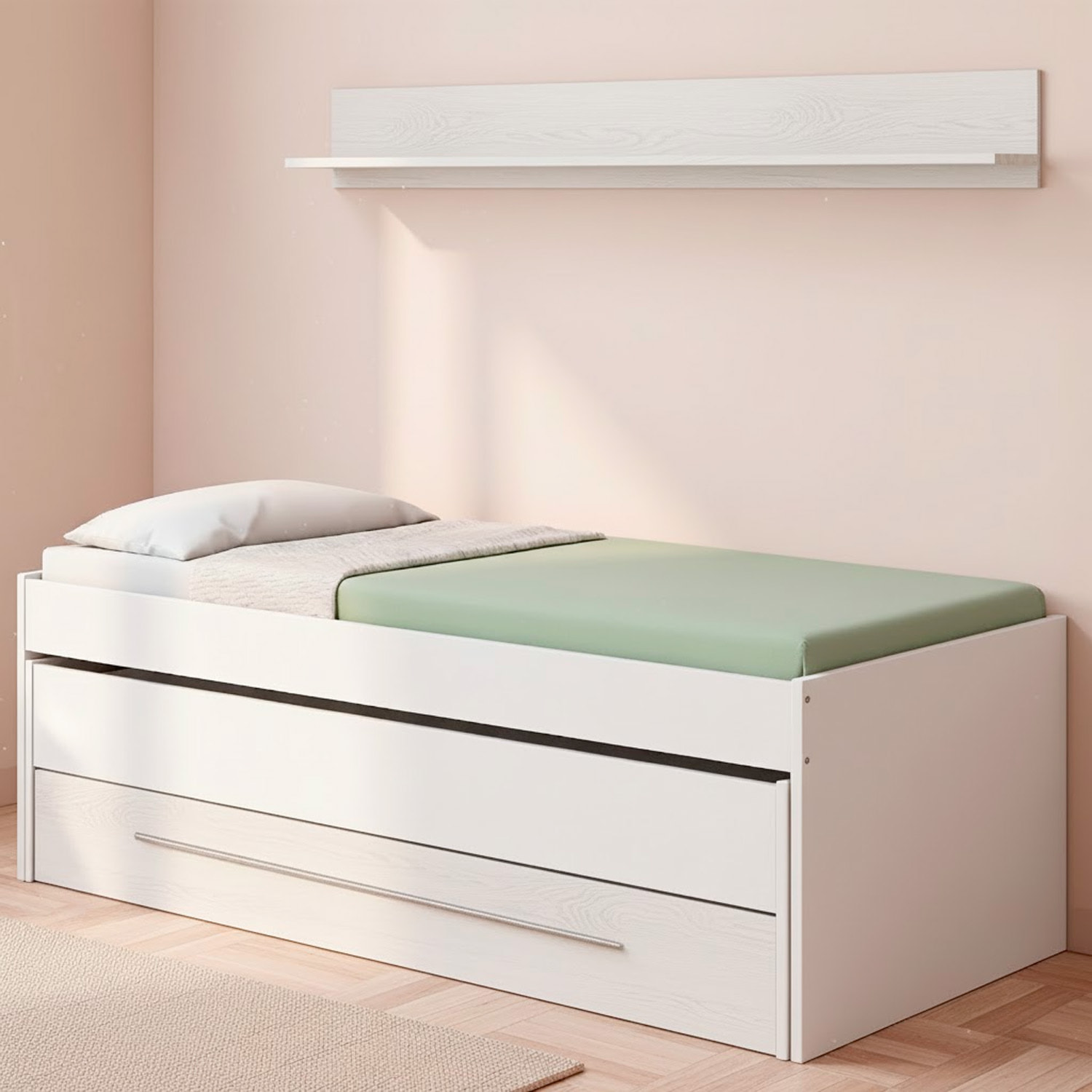 Letto A Castello Salvaspazio Con Letto Estraibile Cassetto E Mensola Design Nordico Ideale Per Camerette  65×199×96 Cm Bianco e Bianco Effetto Legno