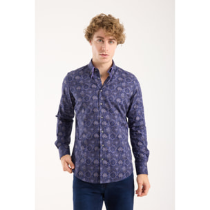 Camicia Uomo 2 Bottoni Button Down Doppio Coll Popeline Stretch Stampato Blu e Viola