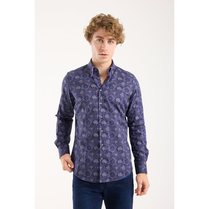 Camicia Uomo 2 Bottoni Button Down Doppio Coll Popeline Stretch Stampato Blu e Viola