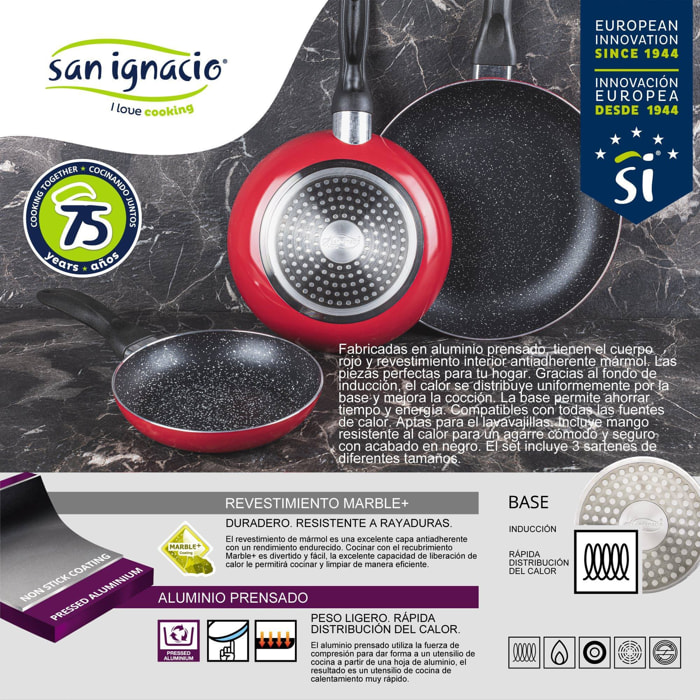 Juego de 3 sartenes san ignacio ø16ø20ø24cm + batería de cocina 5pzs en acero