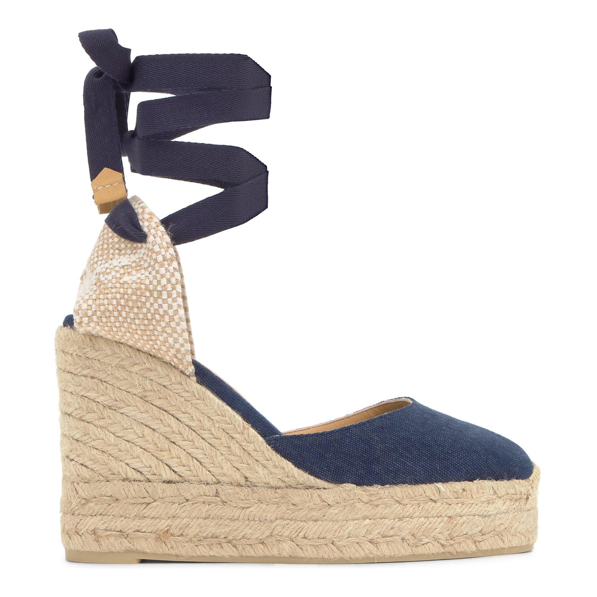 Alpargata de cuña 8 cm en lona de algodón con cintas al tobillo y talonera trenzada