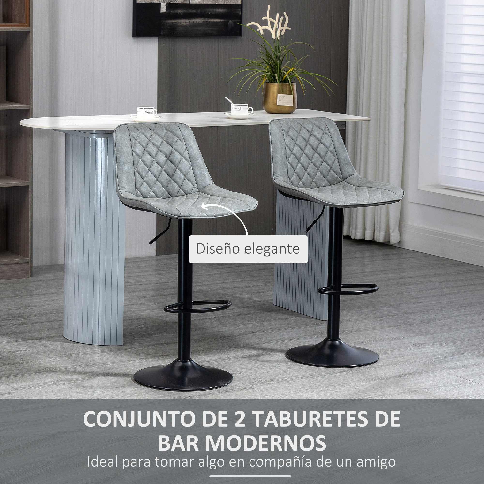 Juego de 2 Taburetes de Bar Giratorios, Taburetes Altos de Cocina con Altura Ajustable 86-106 cm, Sillas Altas de Cocina, Tapizada en Cuero Sintético, Respaldo y Reposapiés, Gris