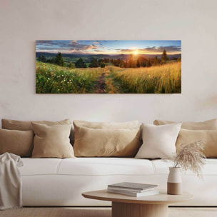 Tableau panoramique prairie fleurie et coucher de soleil campagne Toile imprimée