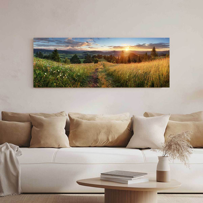 Tableau panoramique prairie fleurie et coucher de soleil campagne Toile imprimée