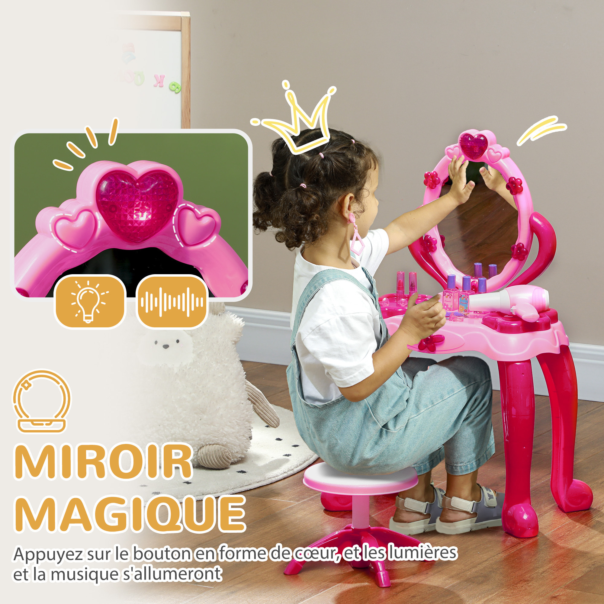 Ensemble coiffeuse tabouret enfant design - nombreux accessoires - effets lumineux sonores - rose