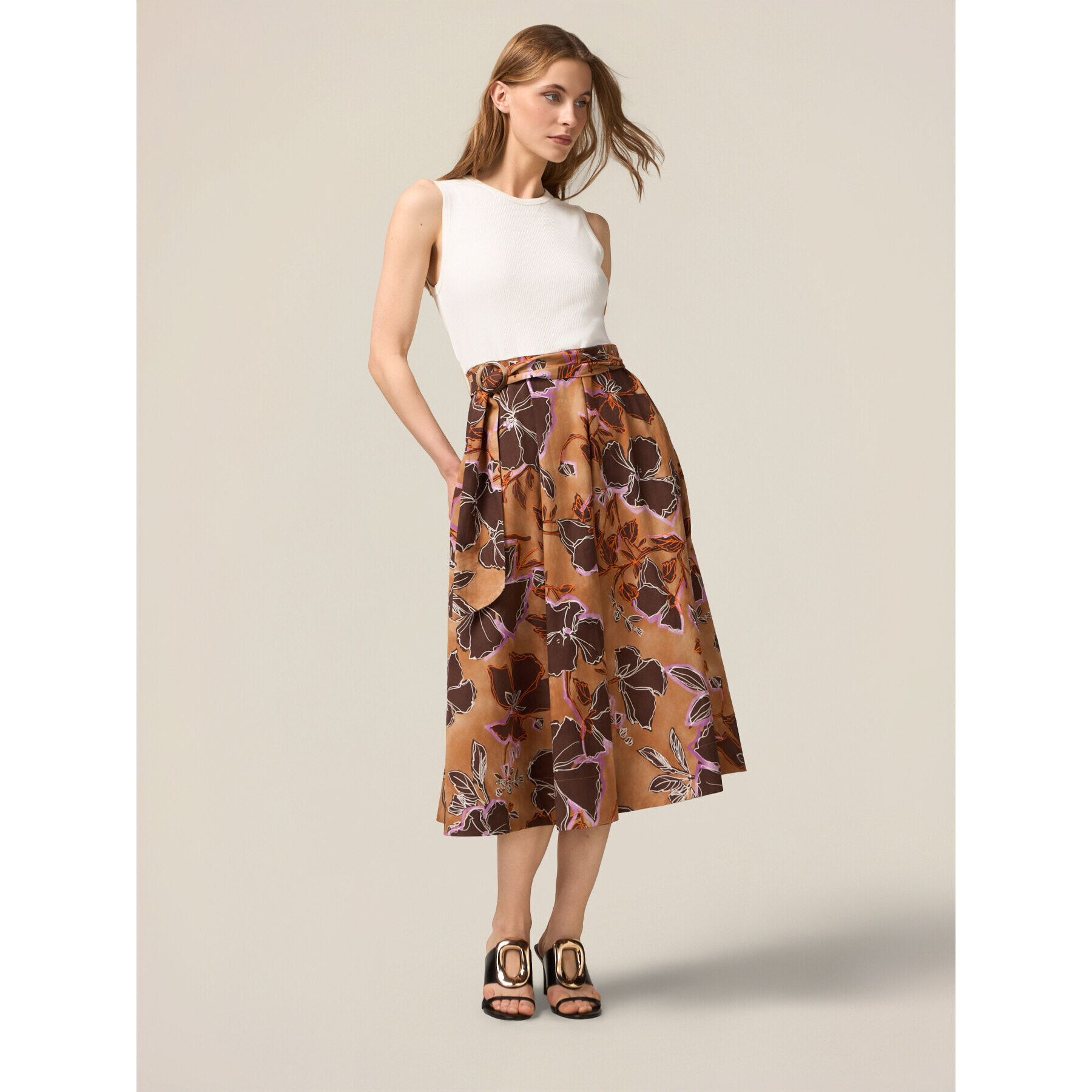 Oltre - Vestido evasé combinado con fajín - Marrón