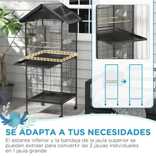 Jaula para Pájaros 2 en 1 Grande de 2 Pisos Convertible en Sola Jaula con Ruedas 4 Comederos 4 Perchas y Bandejas Extraíbles para Canarios Loros 78x75x168 cm Negro