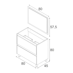 Mobile sottolavabo Modesto, Mobiletto sospeso con 2 cassetti, Armadio per bagno con specchio, Lavabo escluso, cm 80x45h80, Quercia