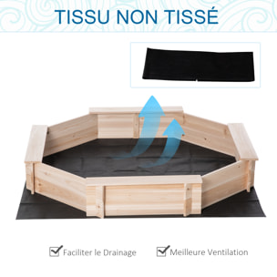 Bac à sable bois octogonal dim. 139,5L x 139,5l x 21,5H cm - 4 bancs - bâche de couverture, non tissé de sol inclus - bois sapin