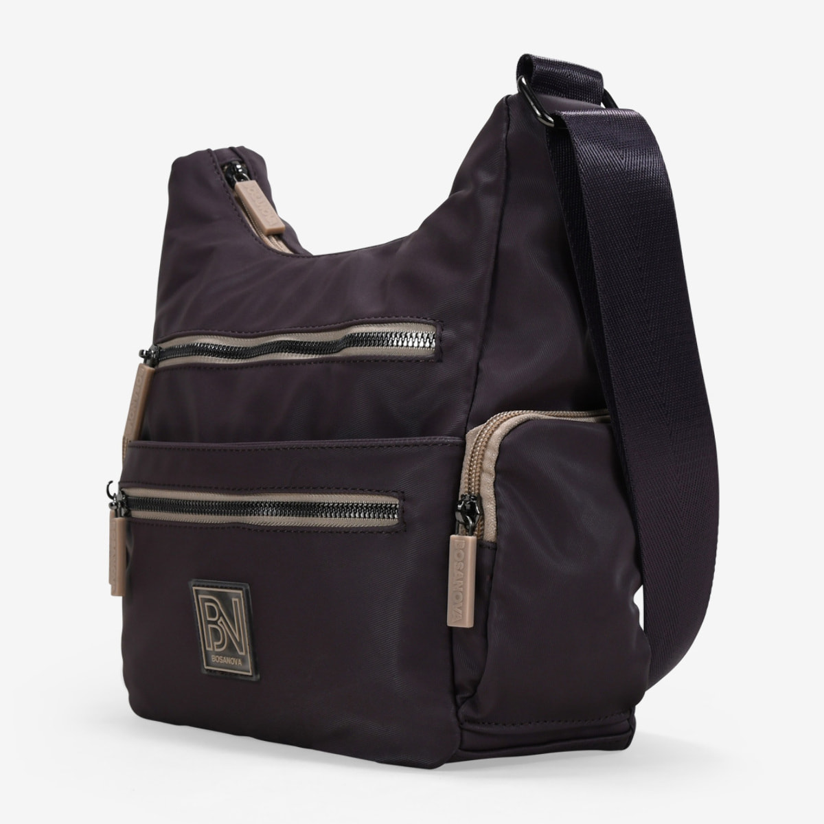 Bolso bandolera burdeos con cremalleras beige